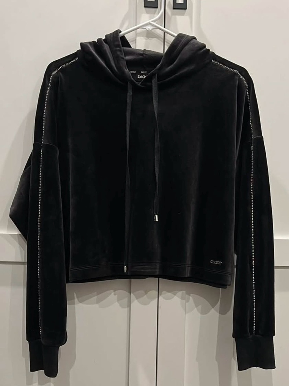 DKNY Black Velvet Cropped Hoodie with Metallic Trim